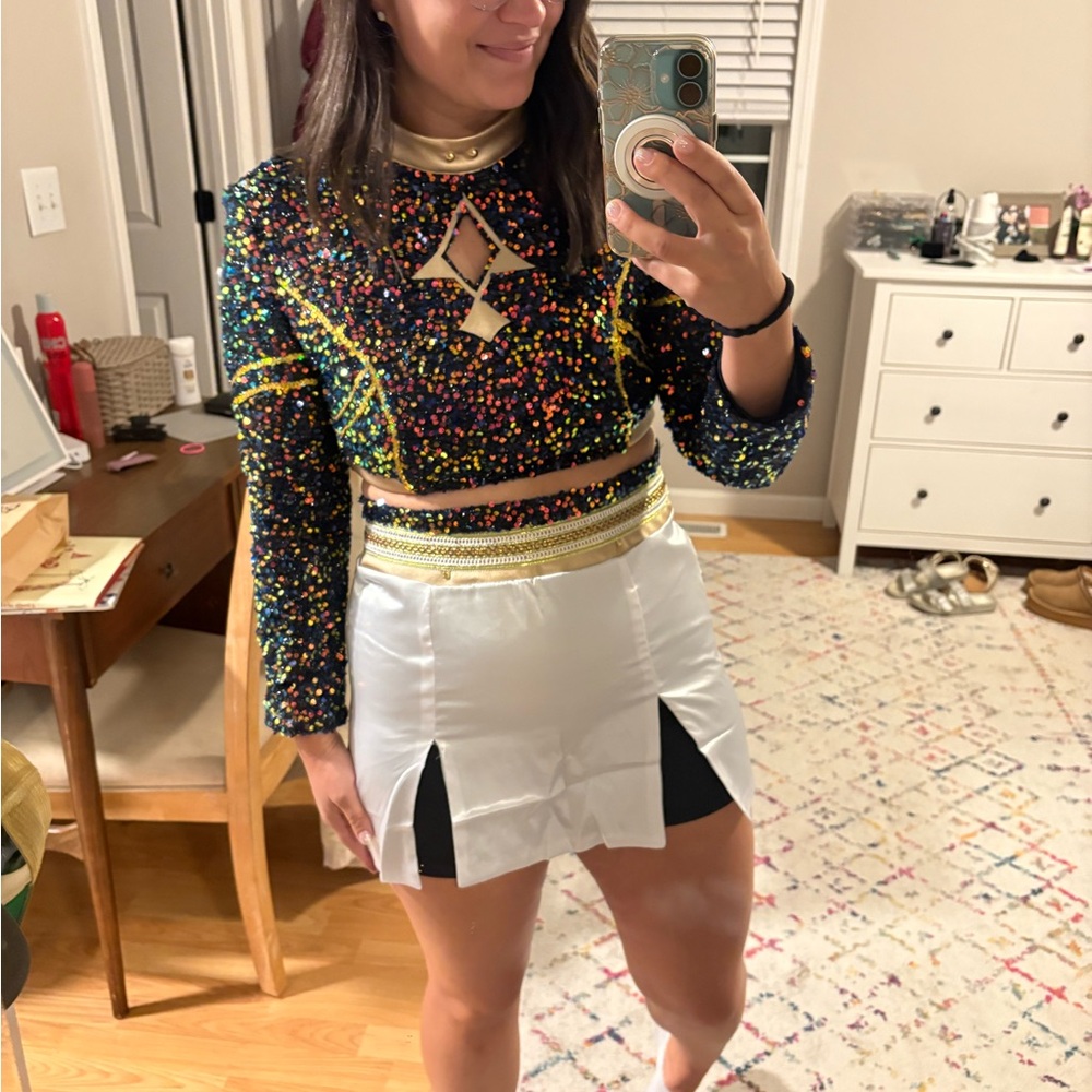 Sequin Crop Top and White Mini Skirt Set - Multicolor Sequin Top, White Skirt